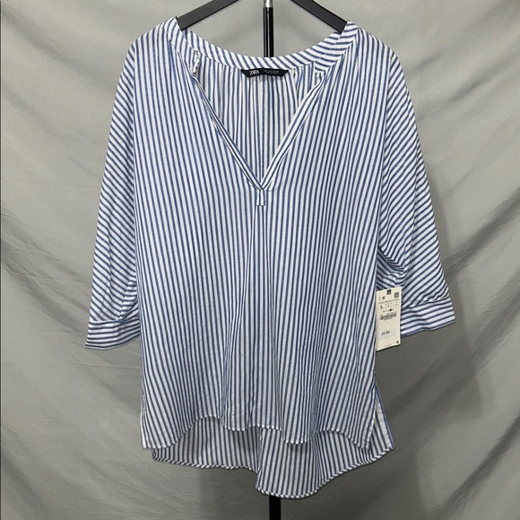 Zara Tops - NWT Zara White and Blue Striped Blouse. Size Large.